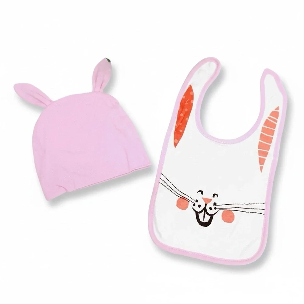 Baby Easter Bunny Hat & Bib Set Pink Rabbit Ears One Size NEW